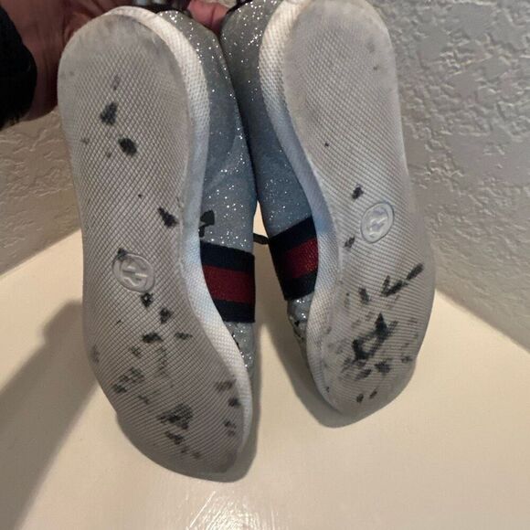 Gucci Women's 9.5 Bambi Webb Metallic Sneakers Silver Blue Red Icon Stripe Disco - Picture 10 of 16